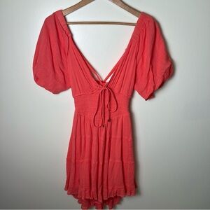 Free People Perfect Day V Neck Smocked Mini Dress Balloon Sleeve XS Watermelon